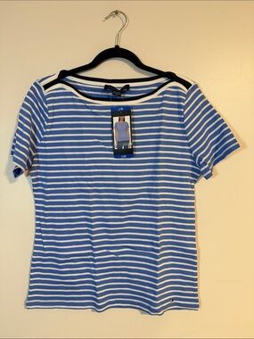 Tommy Hilfiger Blue & White Striped Short Sleeve Tee with Black Trim
